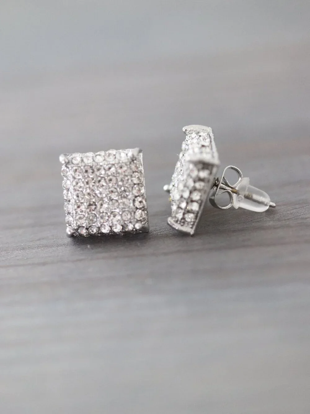 12mm Square Pave Style with Side Stones CZ Diamonds Stud Earrings Silver Plated